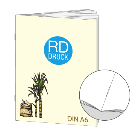 Broschüre aus Zuckerrohrpapier | DIN A6 24-Seiter | bedruckt